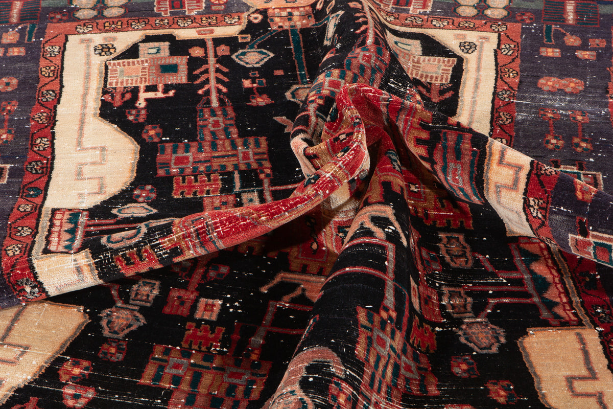 Antique Deep Navy Blue & Red Hand-Knotted Wool Rug – 7' 0" x 4' 10" (213 x 147 cm)