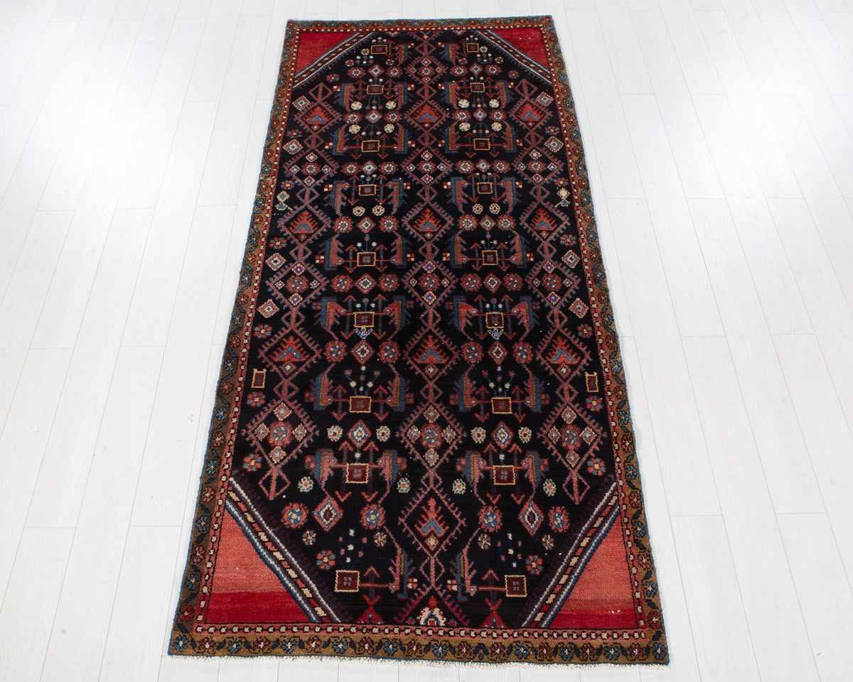 Antique Deep Navy Blue & Red Hand-Knotted Wool Rug – 8' 10" x 3' 11" (270 x 119 cm)