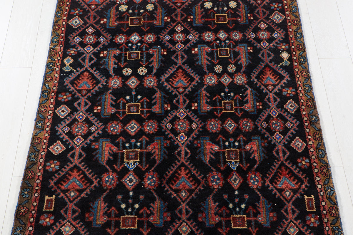 Antique Deep Navy Blue & Red Hand-Knotted Wool Rug – 8' 10" x 3' 11" (270 x 119 cm)