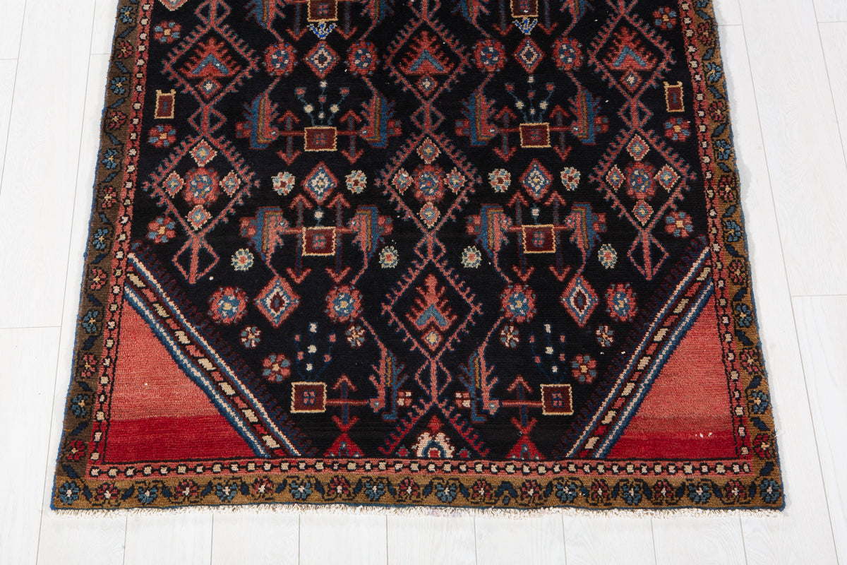 Antique Deep Navy Blue & Red Hand-Knotted Wool Rug – 8' 10" x 3' 11" (270 x 119 cm)