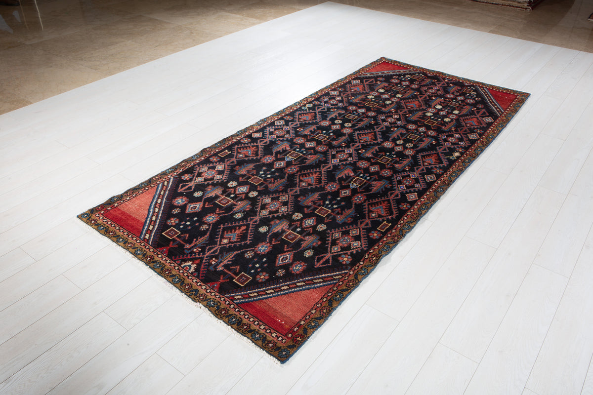 Antique Deep Navy Blue & Red Hand-Knotted Wool Rug – 8' 10" x 3' 11" (270 x 119 cm)