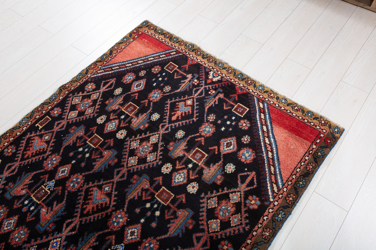 Antique Deep Navy Blue & Red Hand-Knotted Wool Rug – 8' 10" x 3' 11" (270 x 119 cm)