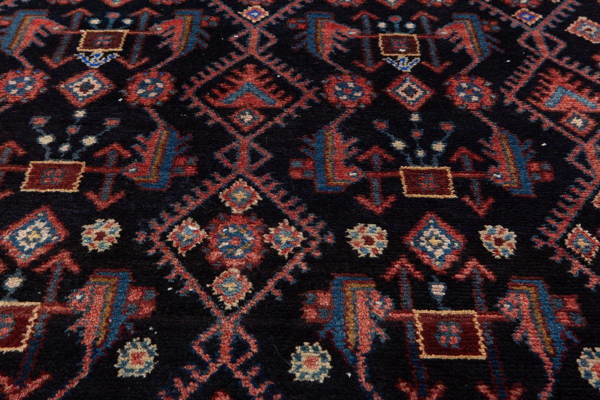 Antique Deep Navy Blue & Red Hand-Knotted Wool Rug – 8' 10" x 3' 11" (270 x 119 cm)