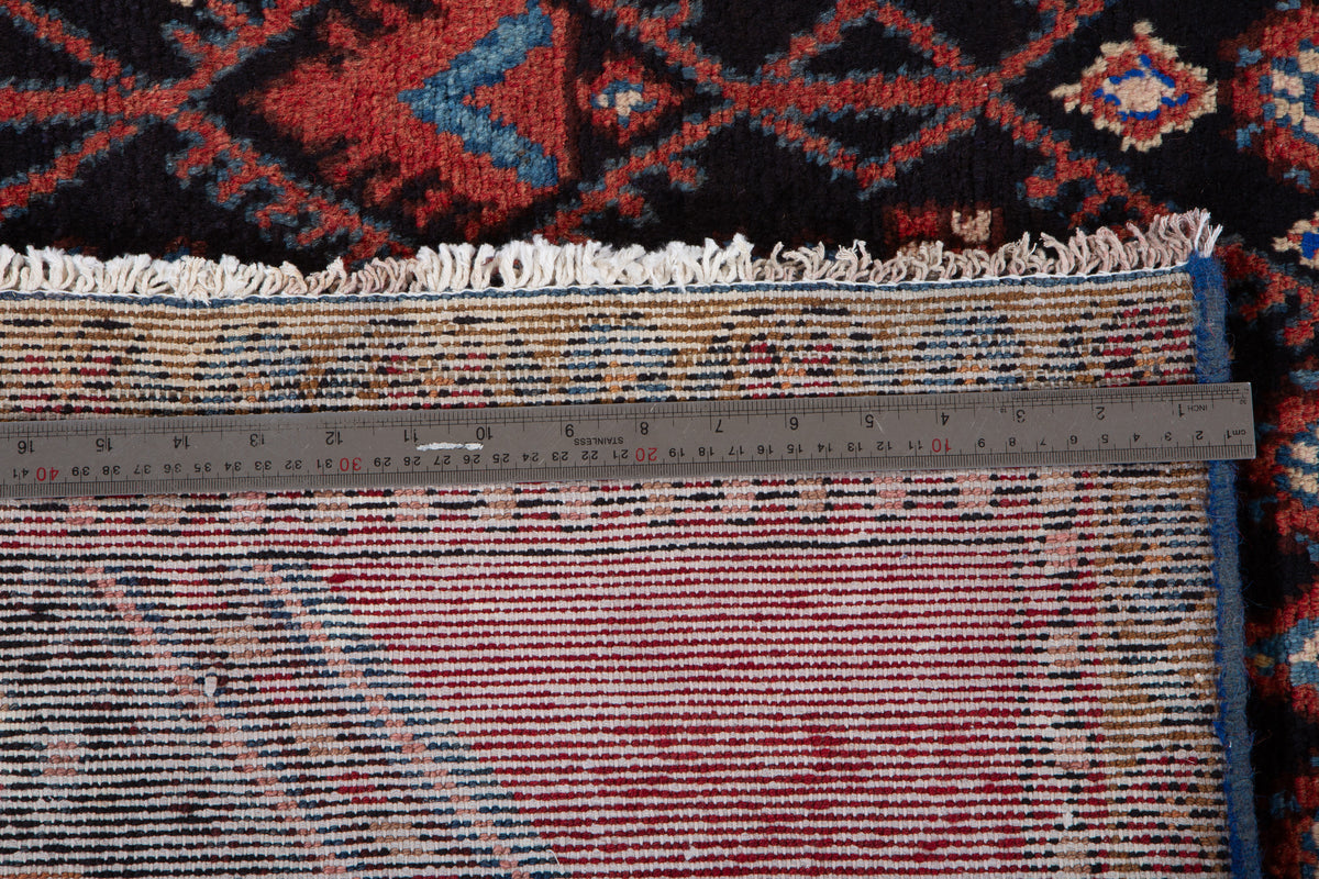 Antique Deep Navy Blue & Red Hand-Knotted Wool Rug – 8' 10" x 3' 11" (270 x 119 cm)