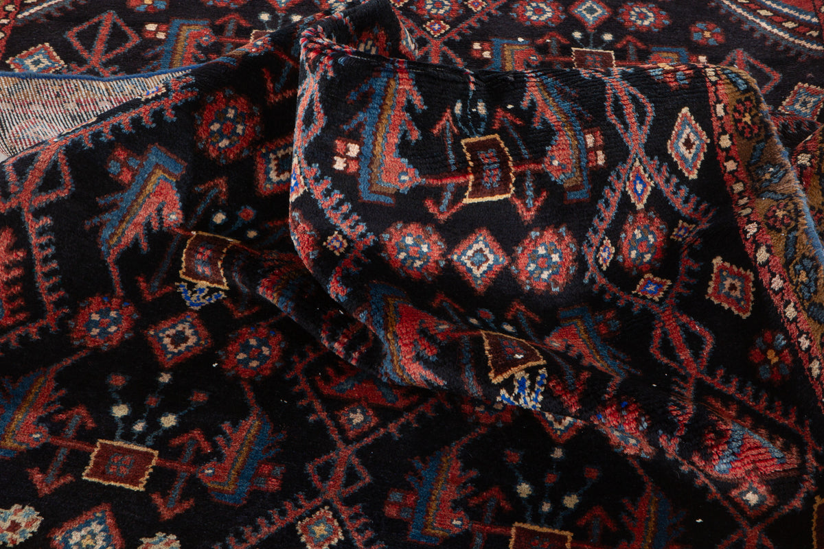 Antique Deep Navy Blue & Red Hand-Knotted Wool Rug – 8' 10" x 3' 11" (270 x 119 cm)