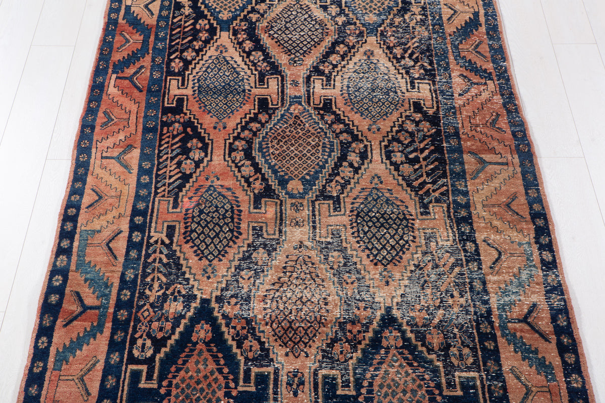 Antique Deep Navy Blue & Red Hand-Knotted Wool Rug – 13' 10" x 4' 6" (421 x 138 cm)