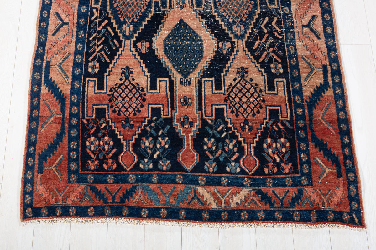 Antique Deep Navy Blue & Red Hand-Knotted Wool Rug – 13' 10" x 4' 6" (421 x 138 cm)