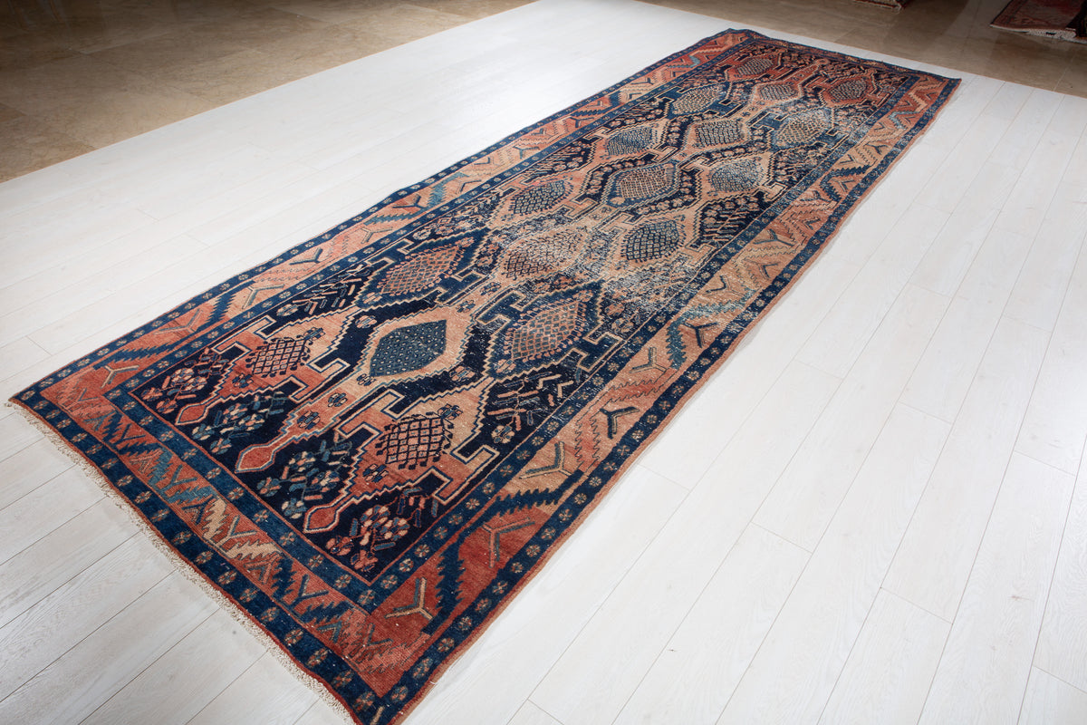 Antique Deep Navy Blue & Red Hand-Knotted Wool Rug – 13' 10" x 4' 6" (421 x 138 cm)
