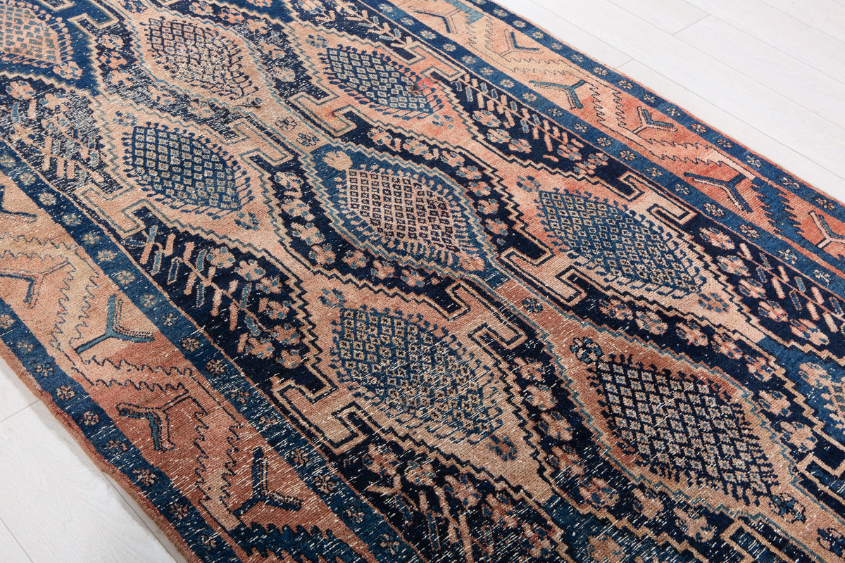 Antique Deep Navy Blue & Red Hand-Knotted Wool Rug – 13' 10" x 4' 6" (421 x 138 cm)