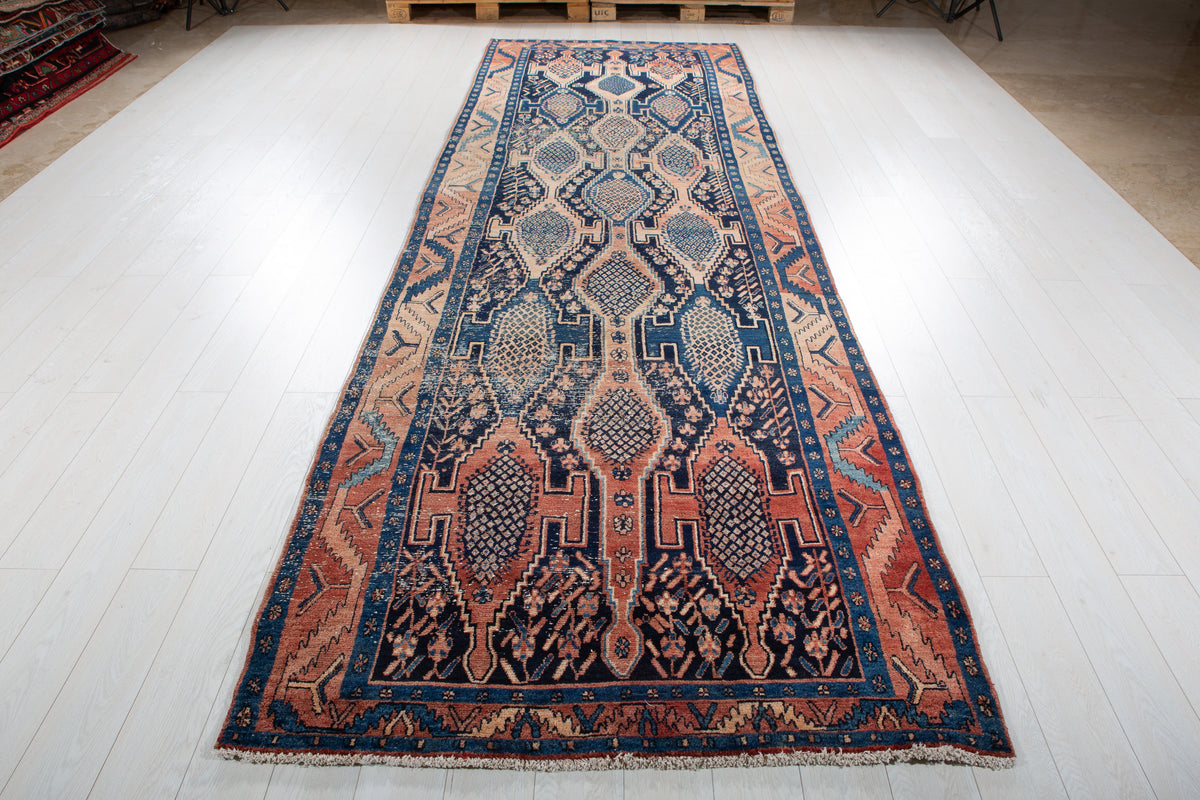 Antique Deep Navy Blue & Red Hand-Knotted Wool Rug – 13' 10" x 4' 6" (421 x 138 cm)