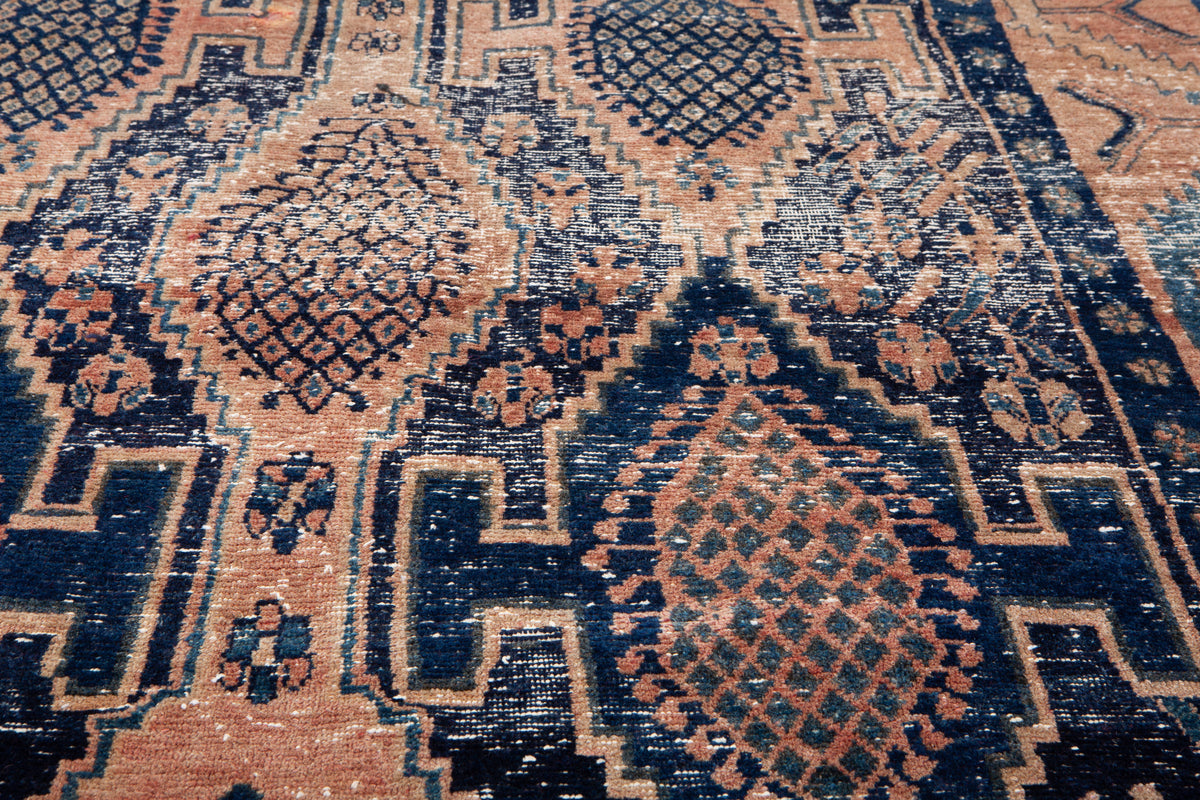 Antique Deep Navy Blue & Red Hand-Knotted Wool Rug – 13' 10" x 4' 6" (421 x 138 cm)
