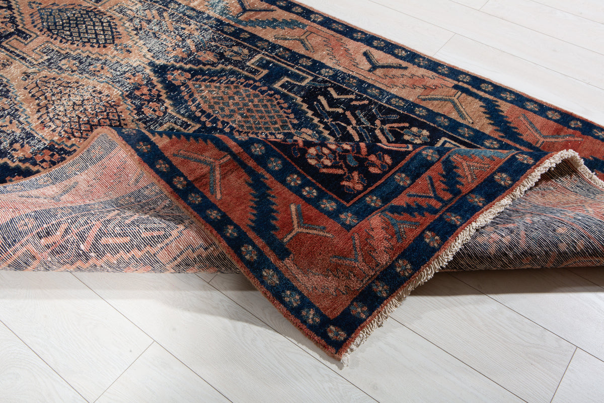 Antique Deep Navy Blue & Red Hand-Knotted Wool Rug – 13' 10" x 4' 6" (421 x 138 cm)