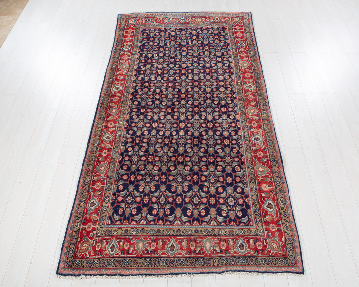 Vintage Deep Navy Blue & Red Hand-Knotted Wool Rug – 9' 8" x 4' 11" (295 x 150 cm)