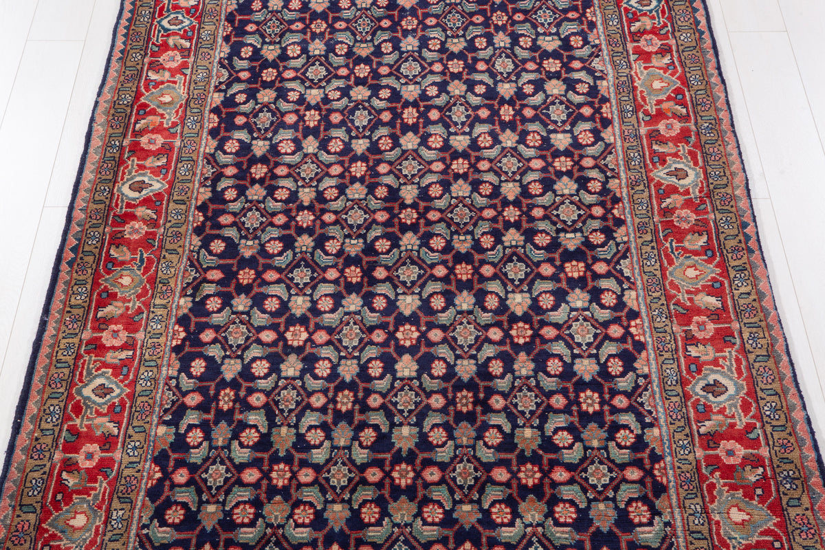 Vintage Deep Navy Blue & Red Hand-Knotted Wool Rug – 9' 8" x 4' 11" (295 x 150 cm)