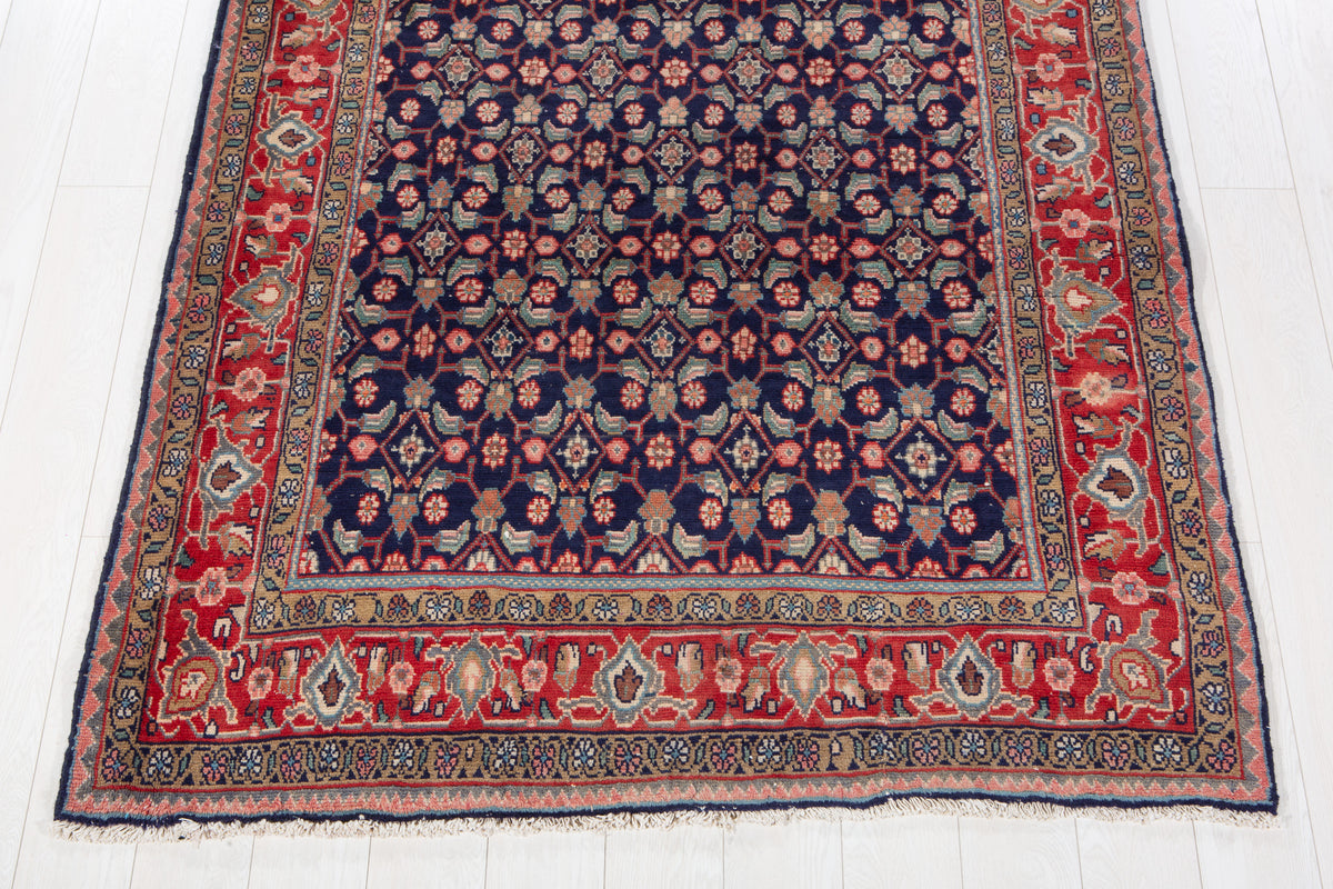 Vintage Deep Navy Blue & Red Hand-Knotted Wool Rug – 9' 8" x 4' 11" (295 x 150 cm)