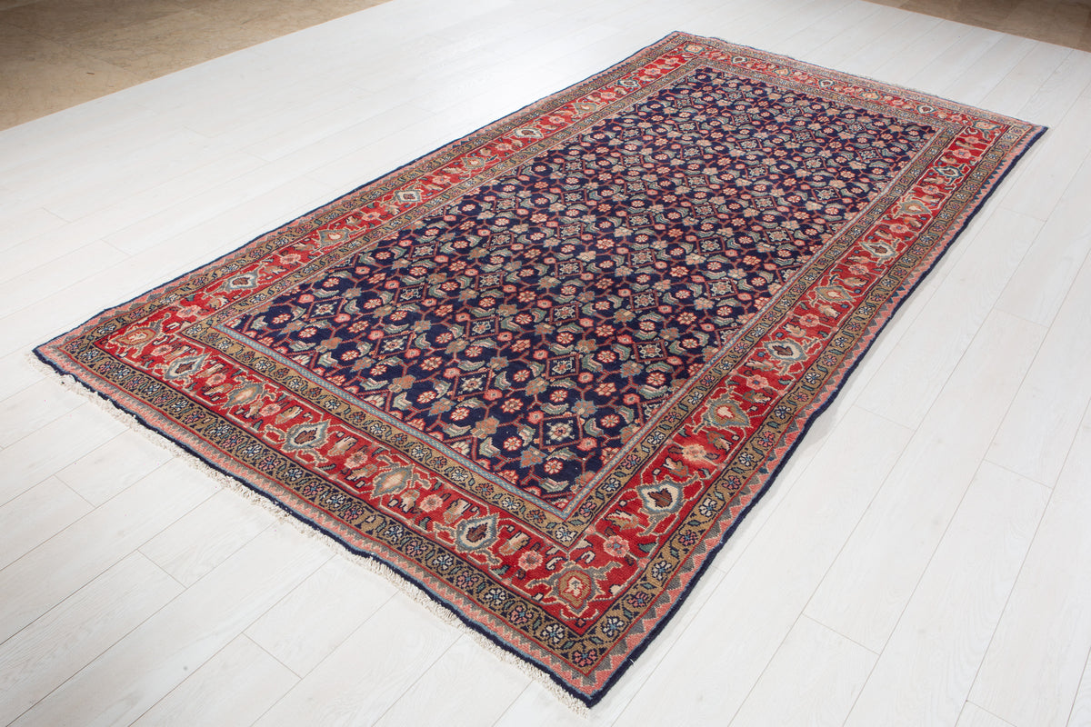 Vintage Deep Navy Blue & Red Hand-Knotted Wool Rug – 9' 8" x 4' 11" (295 x 150 cm)
