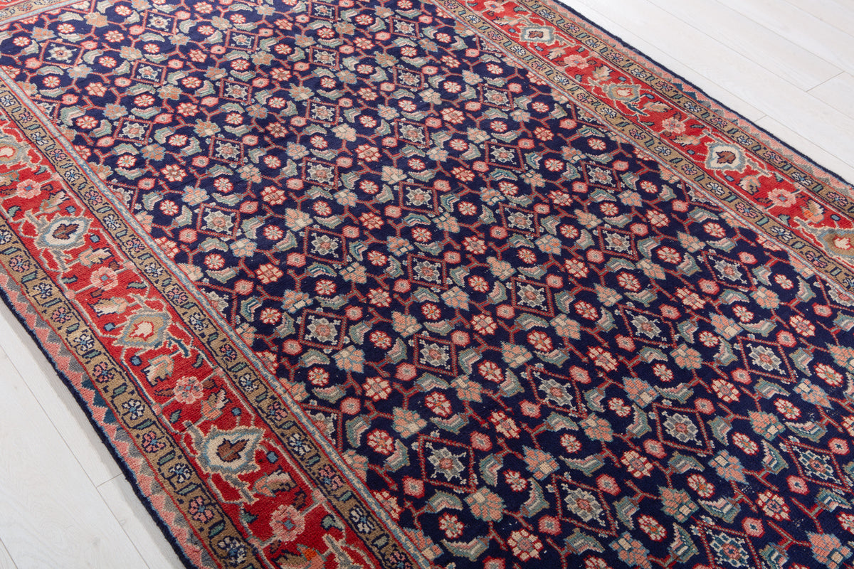 Vintage Deep Navy Blue & Red Hand-Knotted Wool Rug – 9' 8" x 4' 11" (295 x 150 cm)