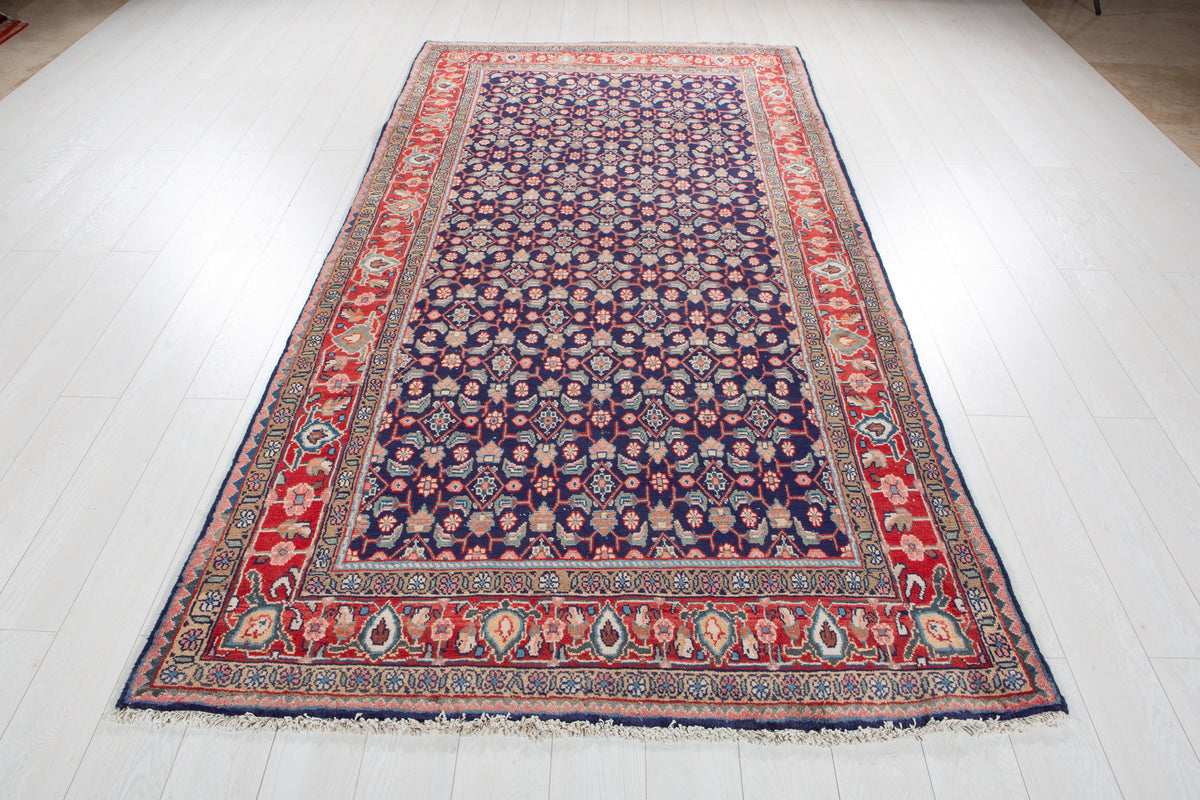 Vintage Deep Navy Blue & Red Hand-Knotted Wool Rug – 9' 8" x 4' 11" (295 x 150 cm)