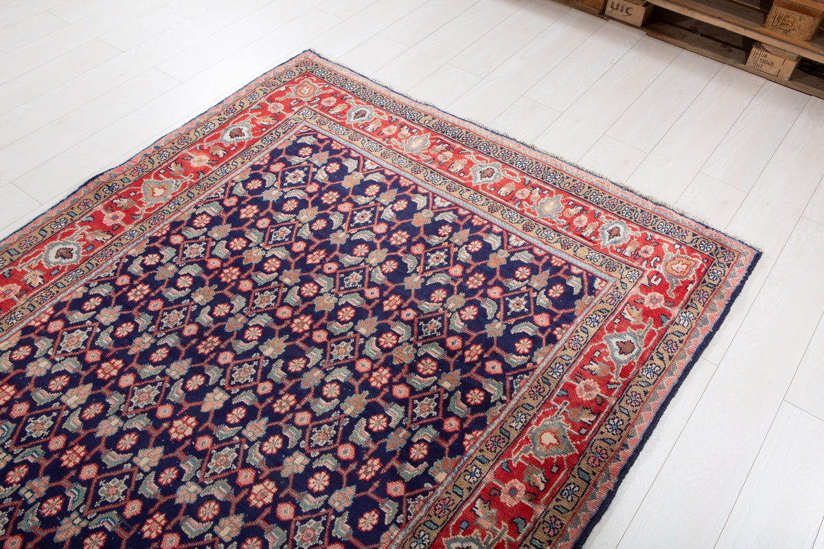 Vintage Deep Navy Blue & Red Hand-Knotted Wool Rug – 9' 8" x 4' 11" (295 x 150 cm)