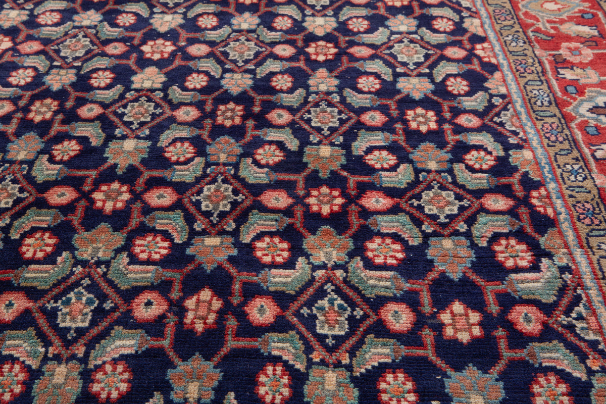 Vintage Deep Navy Blue & Red Hand-Knotted Wool Rug – 9' 8" x 4' 11" (295 x 150 cm)