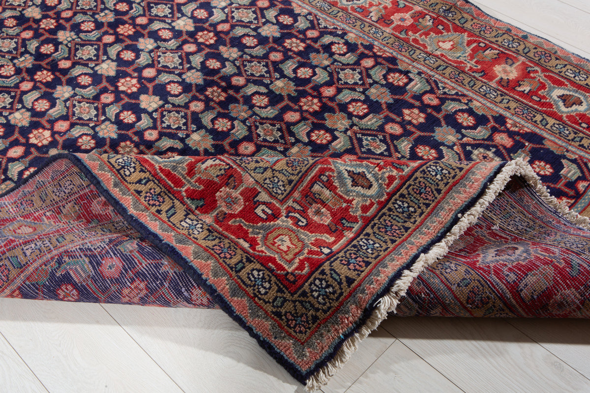 Vintage Deep Navy Blue & Red Hand-Knotted Wool Rug – 9' 8" x 4' 11" (295 x 150 cm)