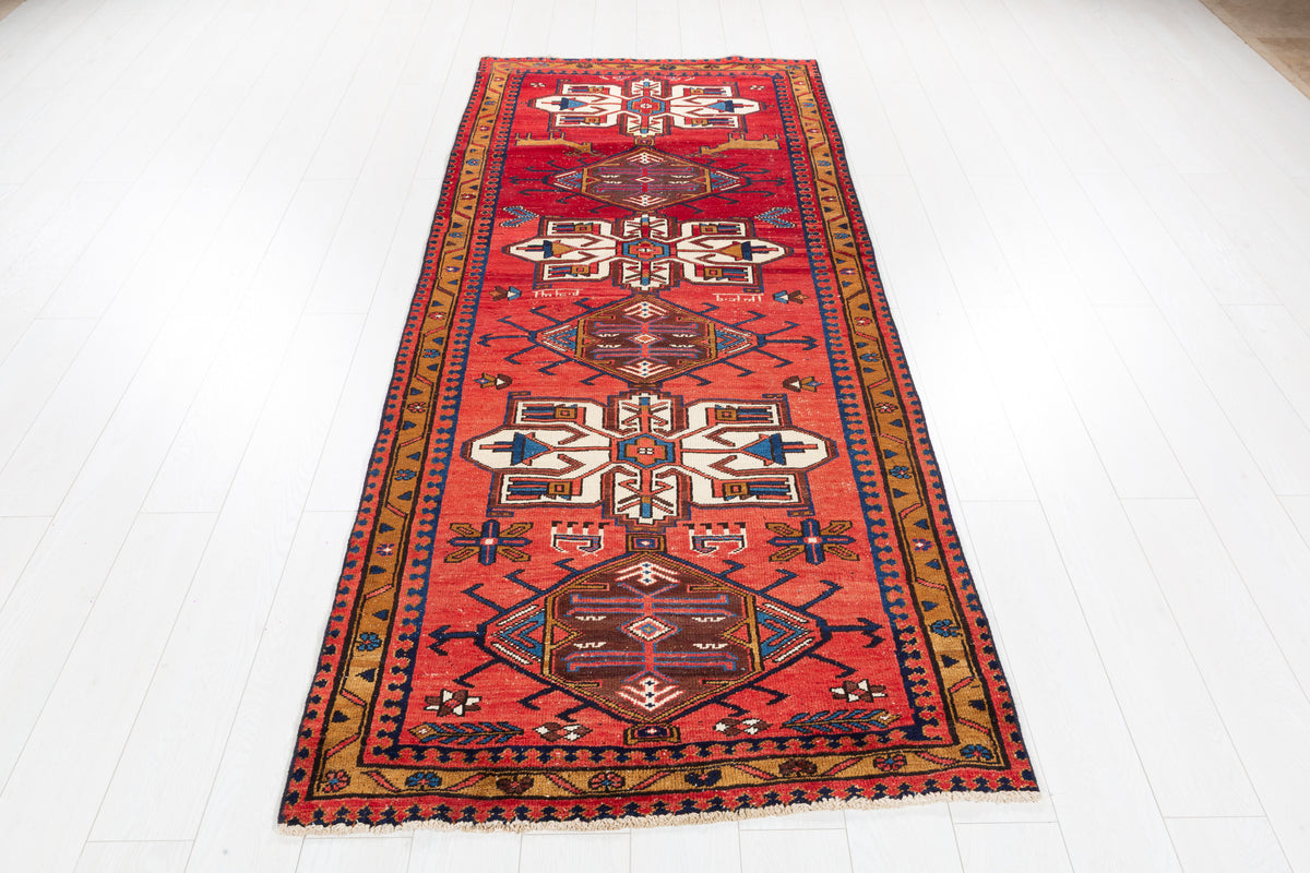 Antique Tribal Geometric Medallion Runner Rug, Red – 8' 6" x 3' 5" (258 x 105 cm)