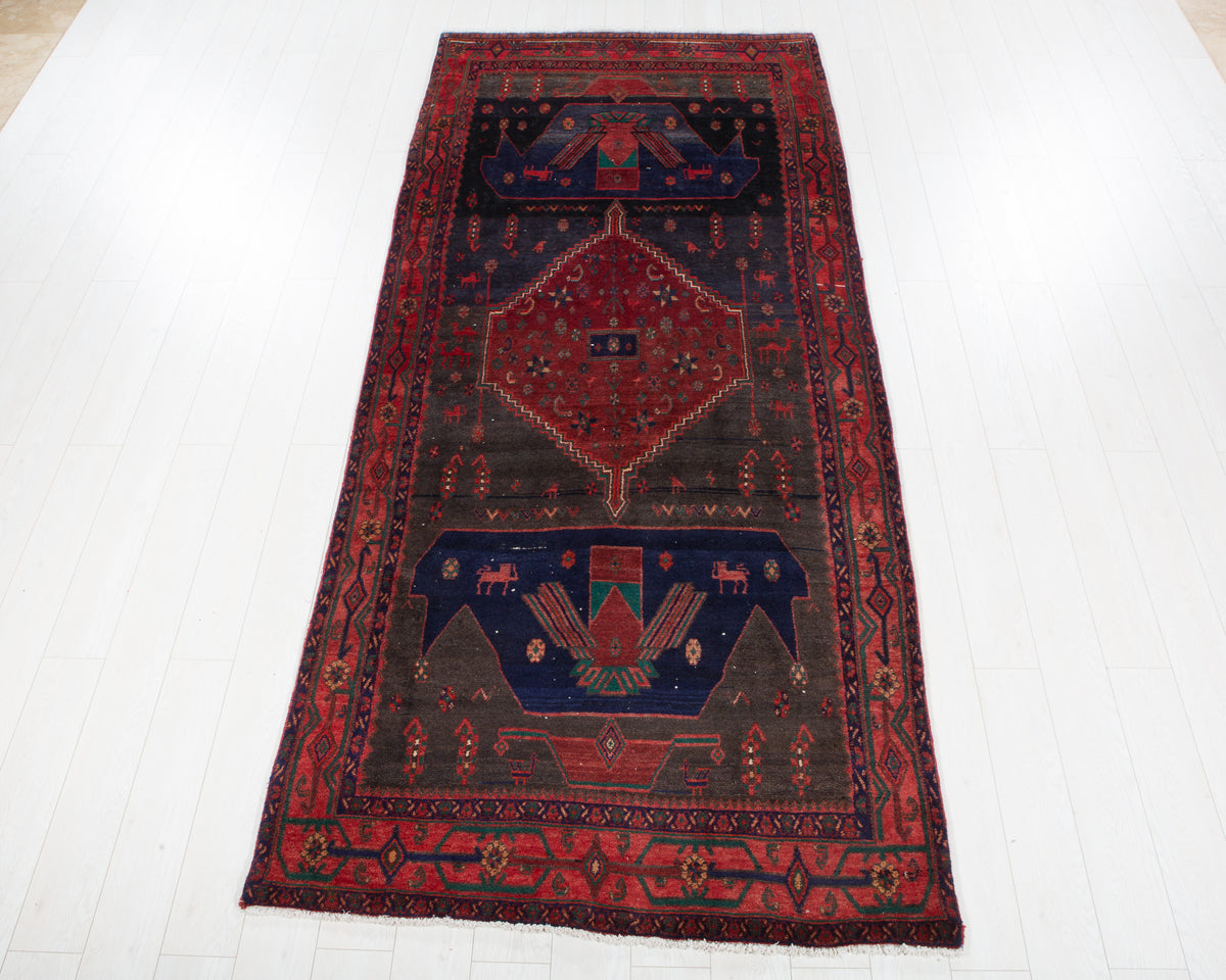 Antique Deep Navy Blue & Red Hand-Knotted Wool Rug – 10' 1" x 4' 6" (307 x 136 cm)
