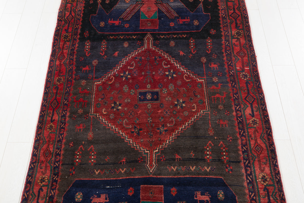 Antique Deep Navy Blue & Red Hand-Knotted Wool Rug – 10' 1" x 4' 6" (307 x 136 cm)