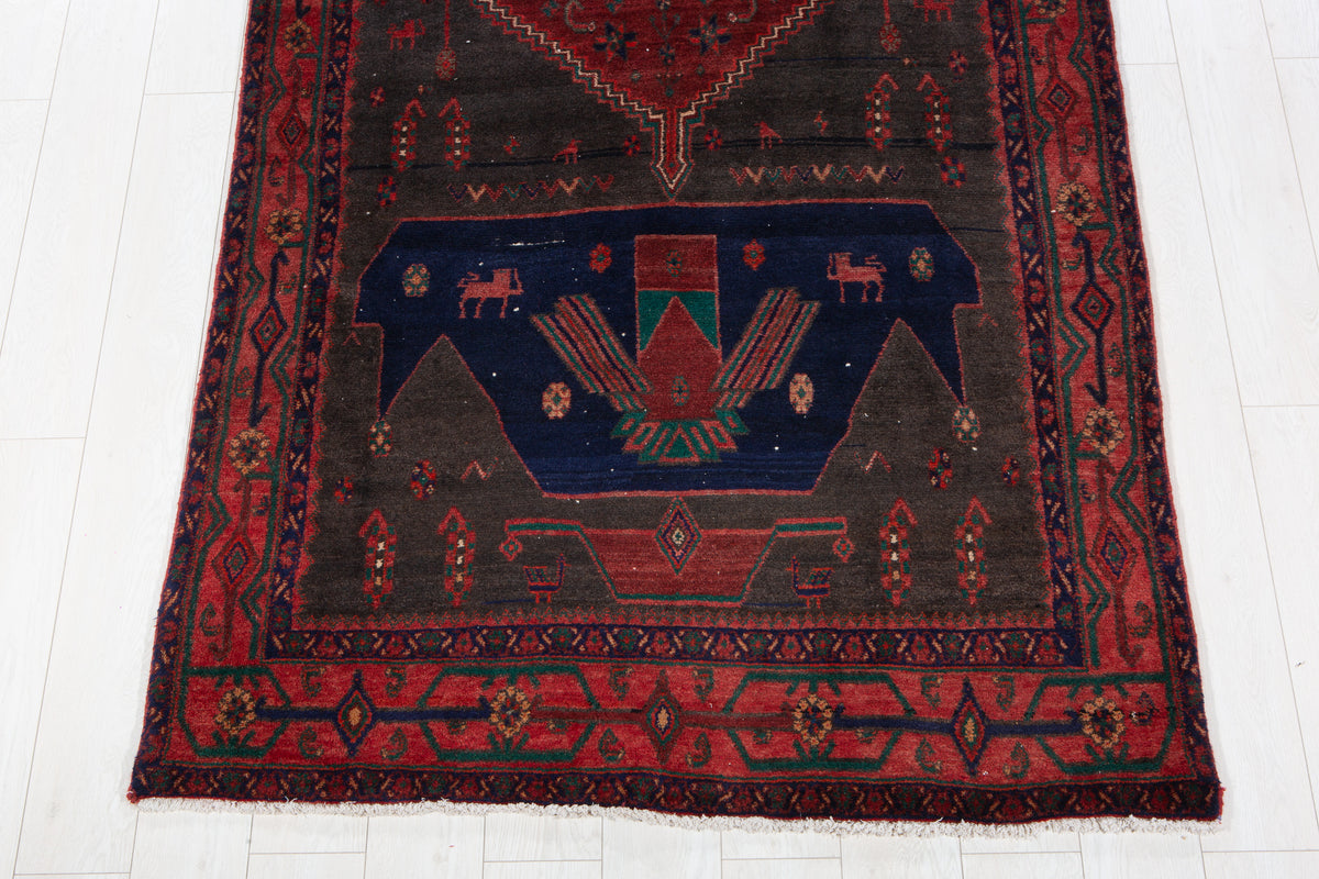 Antique Deep Navy Blue & Red Hand-Knotted Wool Rug – 10' 1" x 4' 6" (307 x 136 cm)