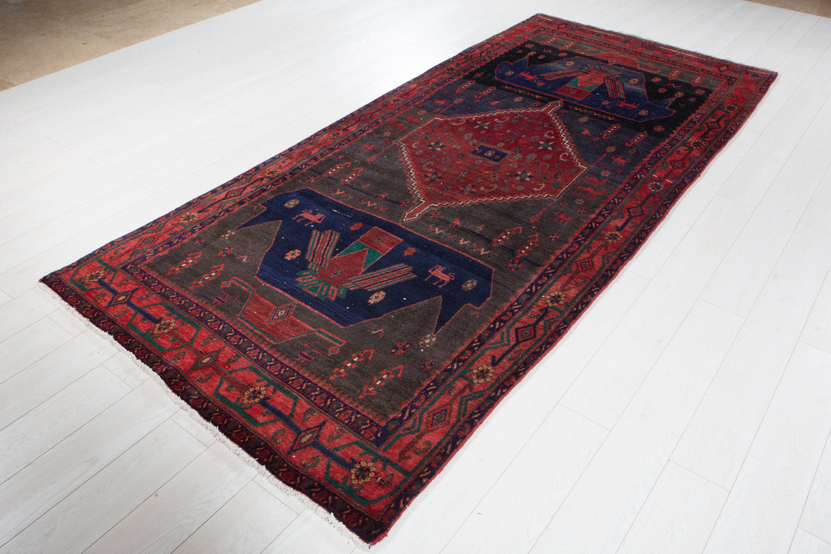 Antique Deep Navy Blue & Red Hand-Knotted Wool Rug – 10' 1" x 4' 6" (307 x 136 cm)