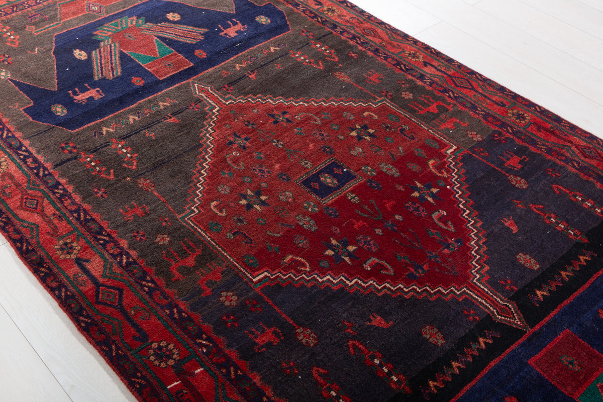 Antique Deep Navy Blue & Red Hand-Knotted Wool Rug – 10' 1" x 4' 6" (307 x 136 cm)