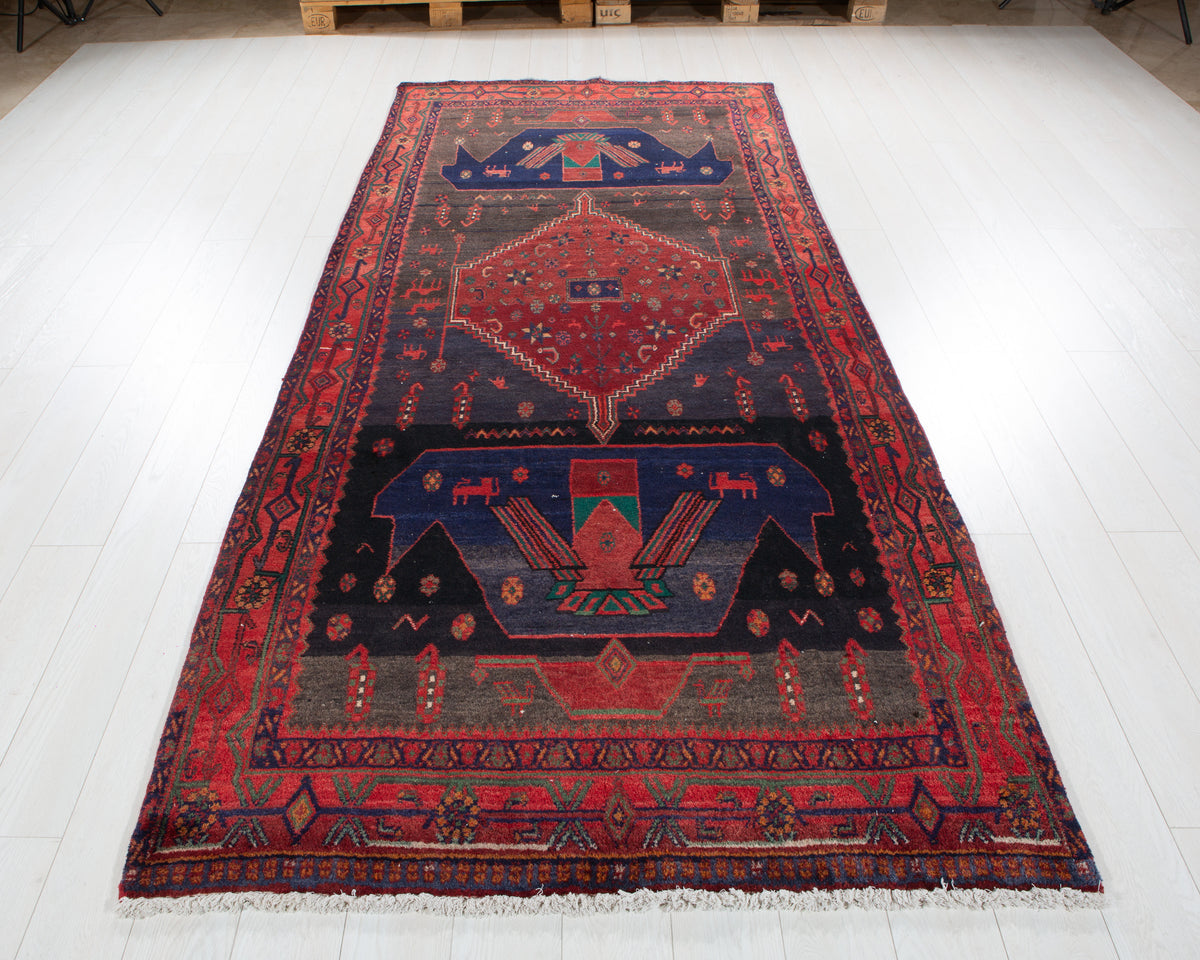 Antique Deep Navy Blue & Red Hand-Knotted Wool Rug – 10' 1" x 4' 6" (307 x 136 cm)