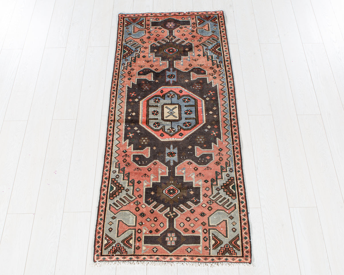 Vintage Coral, Blue & Black Hand-Knotted Wool Rug – 5' 11" x 2' 6" (181 x 76 cm)