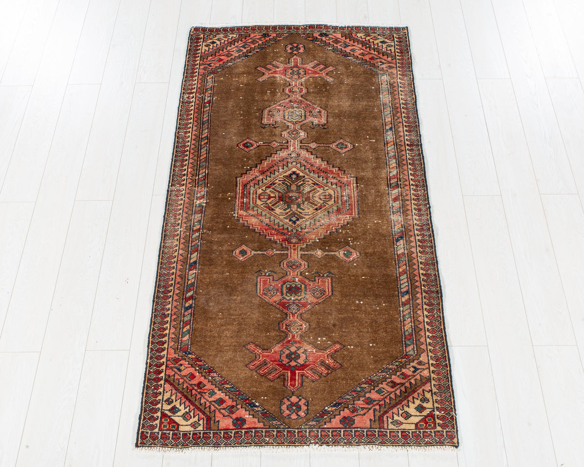Antique Brown & Red Hand-Knotted Wool Rug – 6' 2" x 3' 3" (187 x 98 cm)