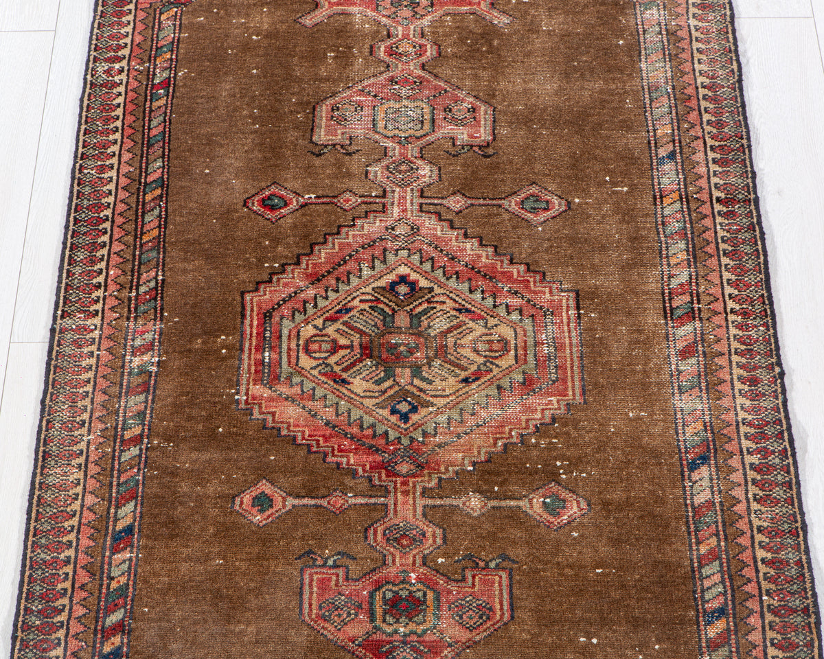 Antique Brown & Red Hand-Knotted Wool Rug – 6' 2" x 3' 3" (187 x 98 cm)