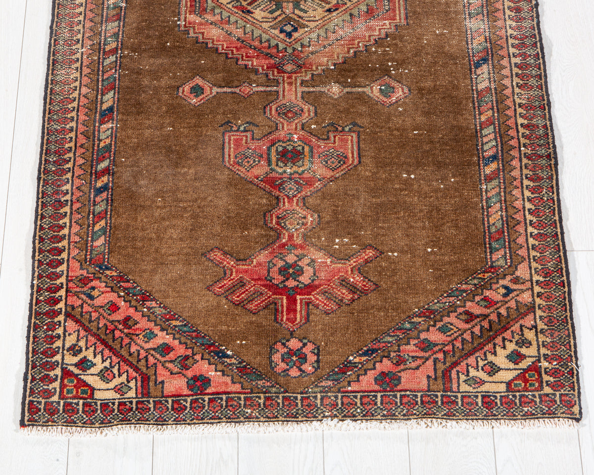 Antique Brown & Red Hand-Knotted Wool Rug – 6' 2" x 3' 3" (187 x 98 cm)