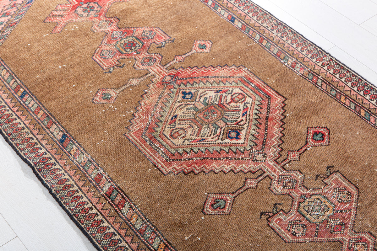 Antique Brown & Red Hand-Knotted Wool Rug – 6' 2" x 3' 3" (187 x 98 cm)