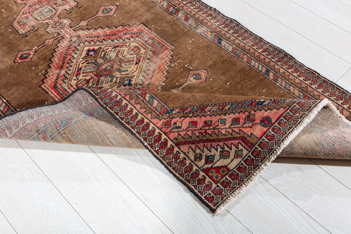 Antique Brown & Red Hand-Knotted Wool Rug – 6' 2" x 3' 3" (187 x 98 cm)