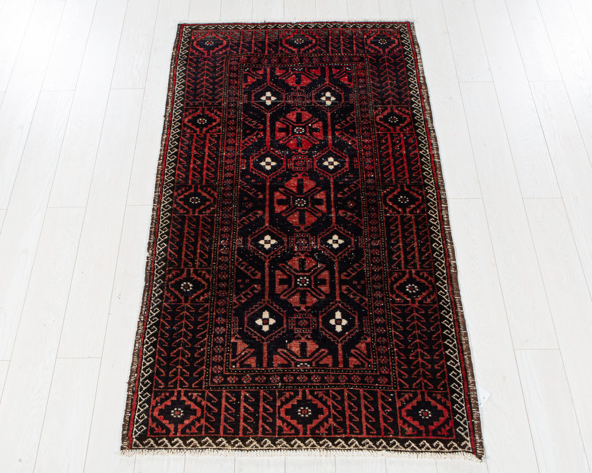 Antique Deep Navy Blue & Red Hand-Knotted Wool Rug – 6' 3" x 3' 6" (191 x 107 cm)