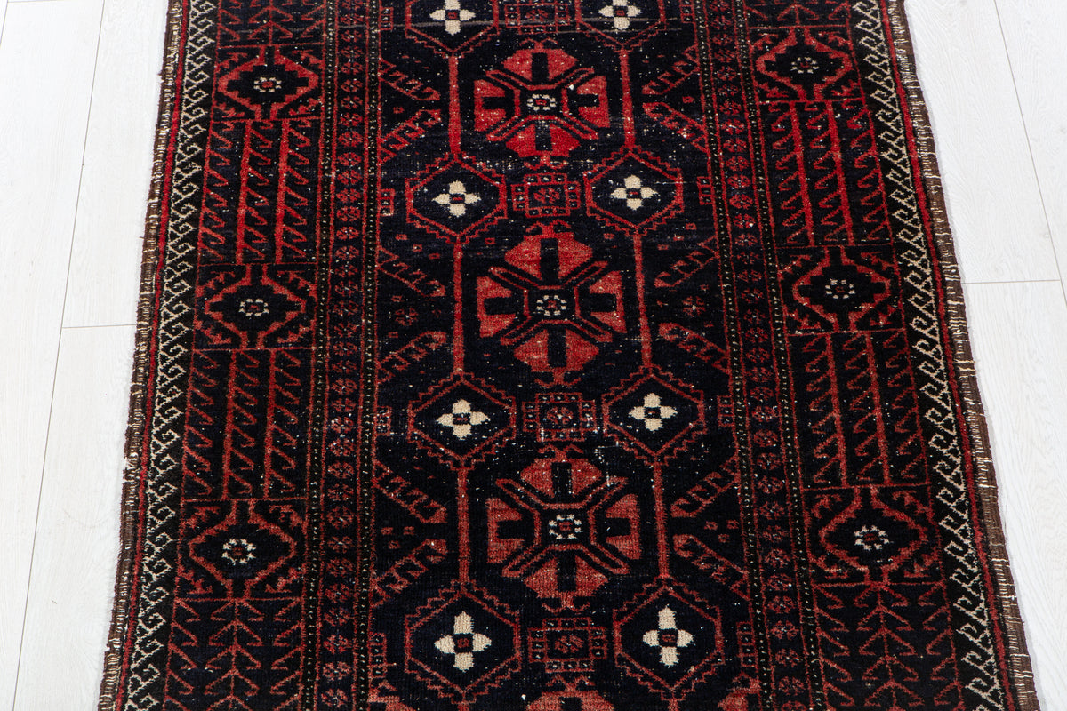 Antique Deep Navy Blue & Red Hand-Knotted Wool Rug – 6' 3" x 3' 6" (191 x 107 cm)