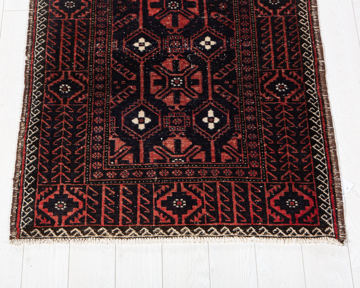 Antique Deep Navy Blue & Red Hand-Knotted Wool Rug – 6' 3" x 3' 6" (191 x 107 cm)