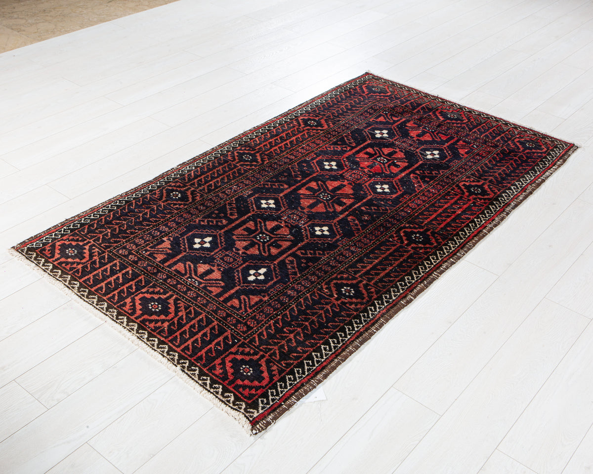 Antique Deep Navy Blue & Red Hand-Knotted Wool Rug – 6' 3" x 3' 6" (191 x 107 cm)