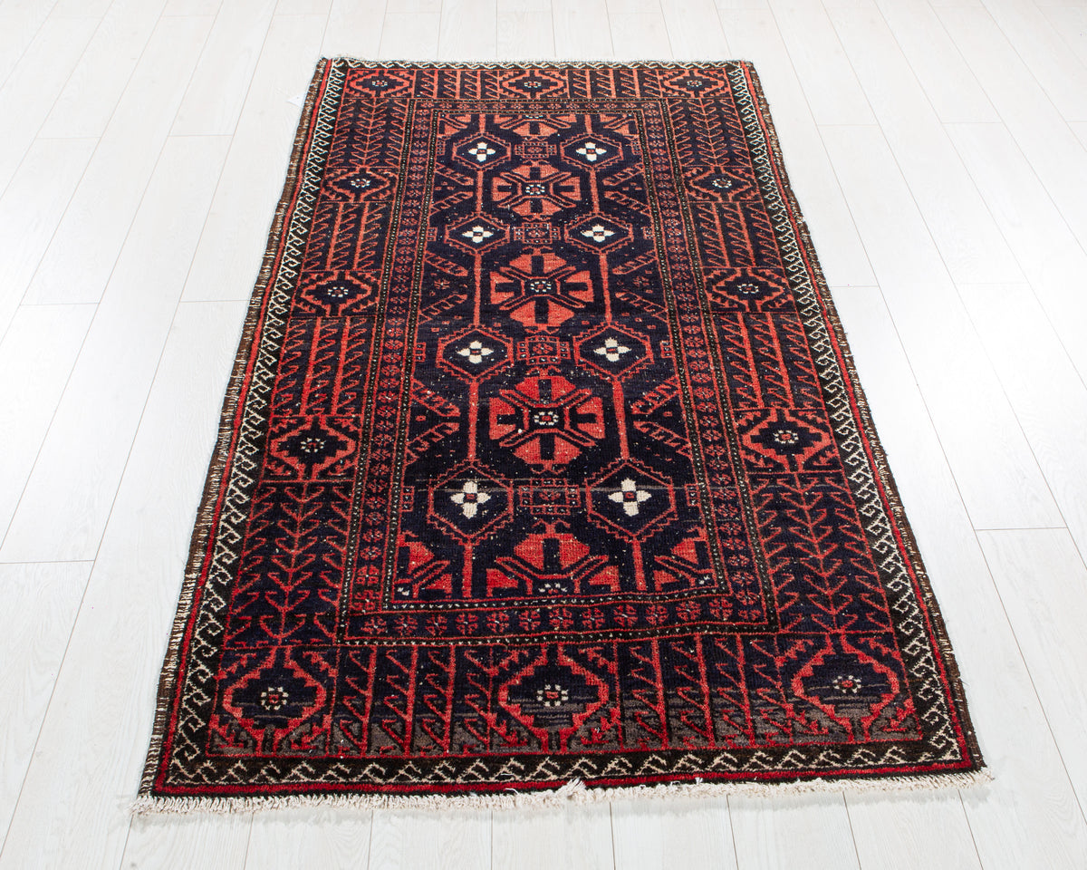 Antique Deep Navy Blue & Red Hand-Knotted Wool Rug – 6' 3" x 3' 6" (191 x 107 cm)