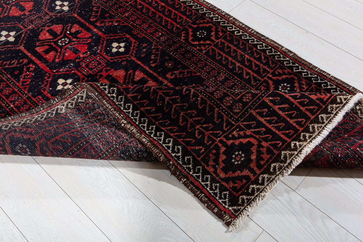 Antique Deep Navy Blue & Red Hand-Knotted Wool Rug – 6' 3" x 3' 6" (191 x 107 cm)