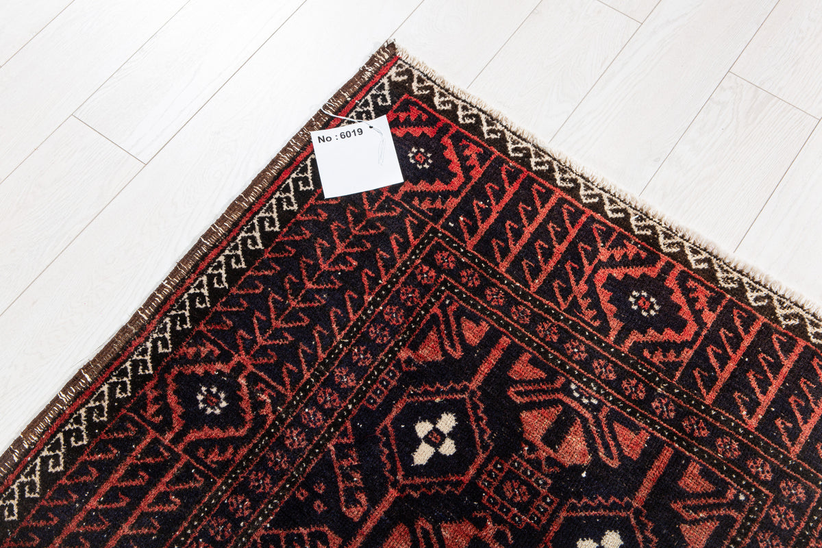 Antique Deep Navy Blue & Red Hand-Knotted Wool Rug – 6' 3" x 3' 6" (191 x 107 cm)