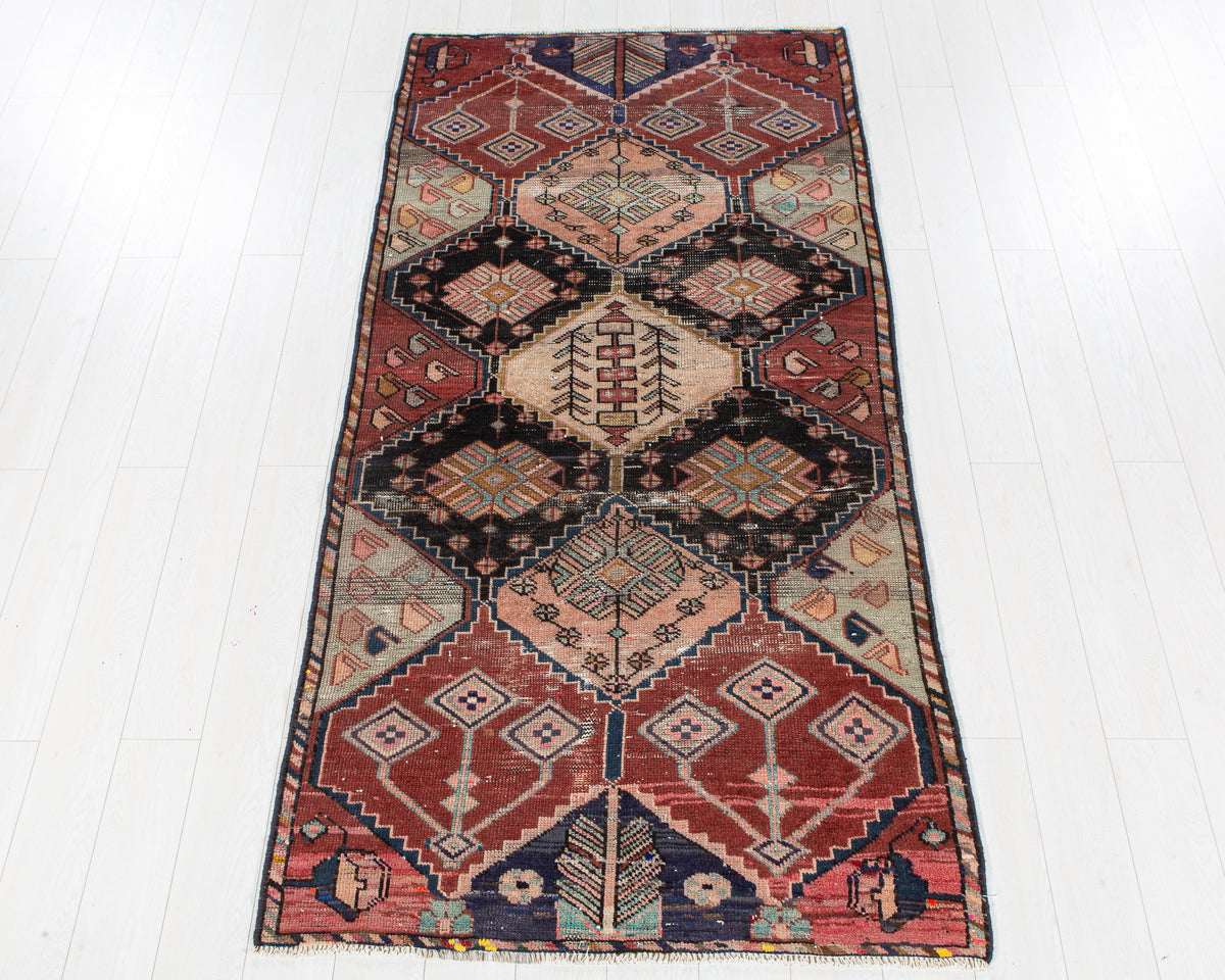 Antique Red, Navy Blue & Pink Hand-Knotted Wool Rug – 7' 11" x 3' 10" (242 x 118 cm)