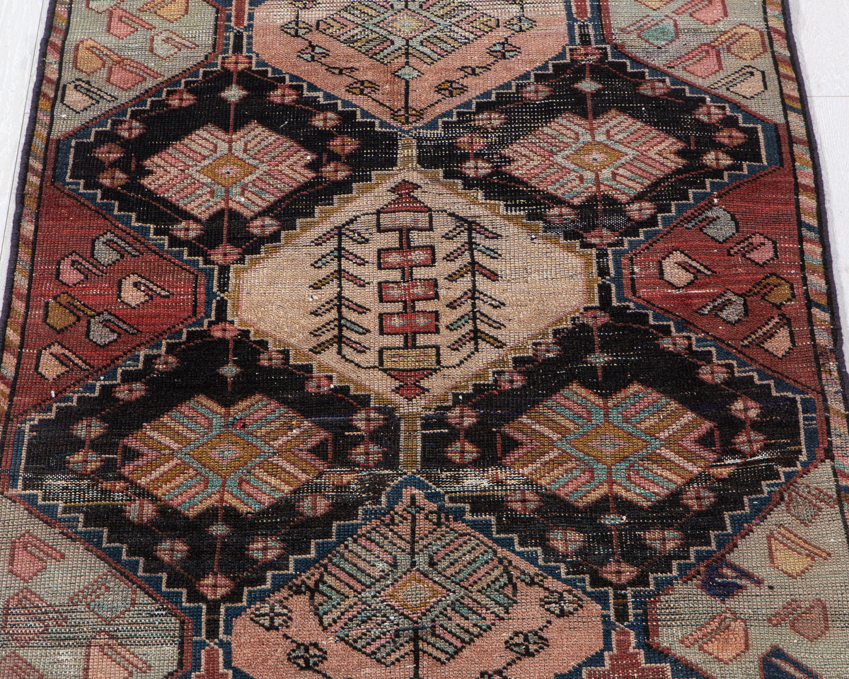 Antique Red, Navy Blue & Pink Hand-Knotted Wool Rug – 7' 11" x 3' 10" (242 x 118 cm)