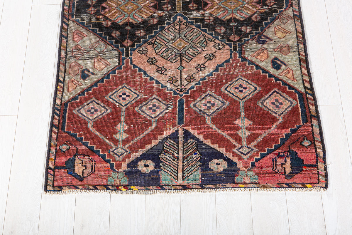 Antique Red, Navy Blue & Pink Hand-Knotted Wool Rug – 7' 11" x 3' 10" (242 x 118 cm)