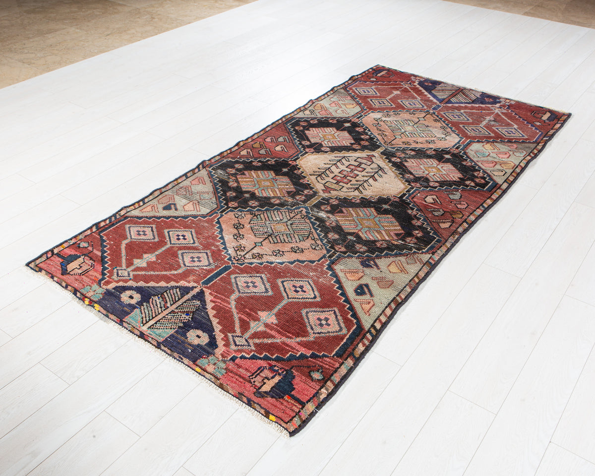 Antique Red, Navy Blue & Pink Hand-Knotted Wool Rug – 7' 11" x 3' 10" (242 x 118 cm)