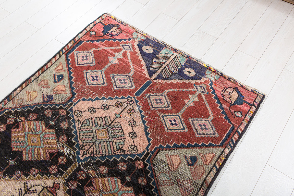 Antique Red, Navy Blue & Pink Hand-Knotted Wool Rug – 7' 11" x 3' 10" (242 x 118 cm)